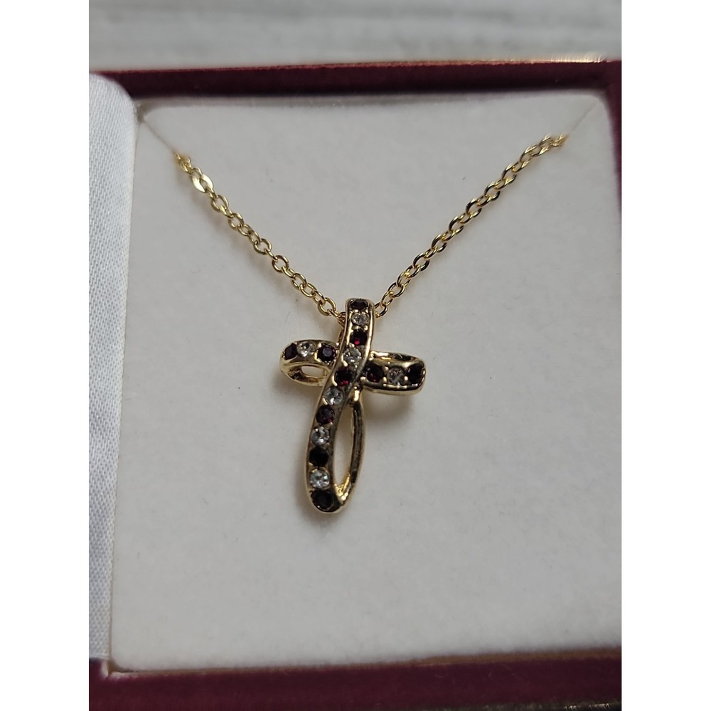 January Garnet Cross Necklace 18K Gold Layered Austrian Crystal Boxed